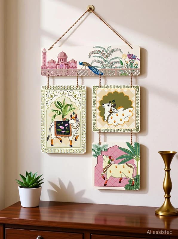 Decor Smart Wooden Wall Hanging Cow & Peacock Lotus | Decorative Home Decor (DWA_6525) Price in India
